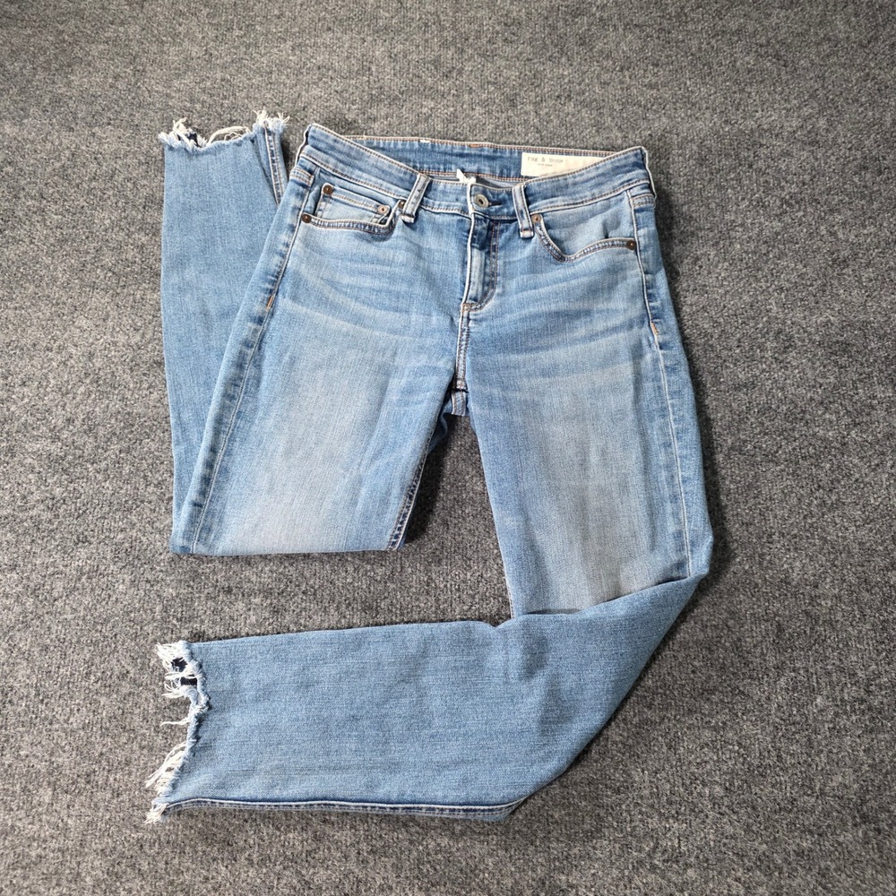 Rag & Bone Cate Mid-Rise Ankle Skinny Jeans Distressed Raw Hem 26 Peony Blue Wom